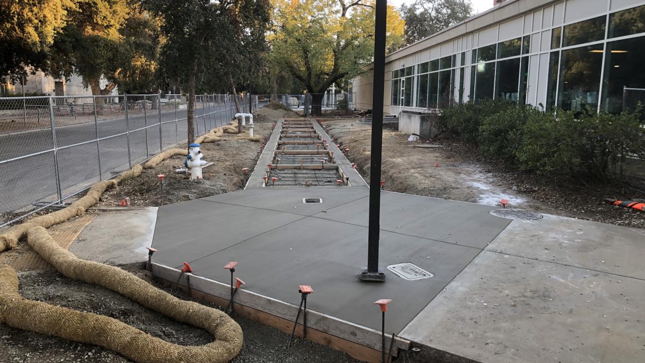 Surface restoration of sidewalks outside the Memorial Union bookstore. Big Shift construction outside the Memorial Union bookstore