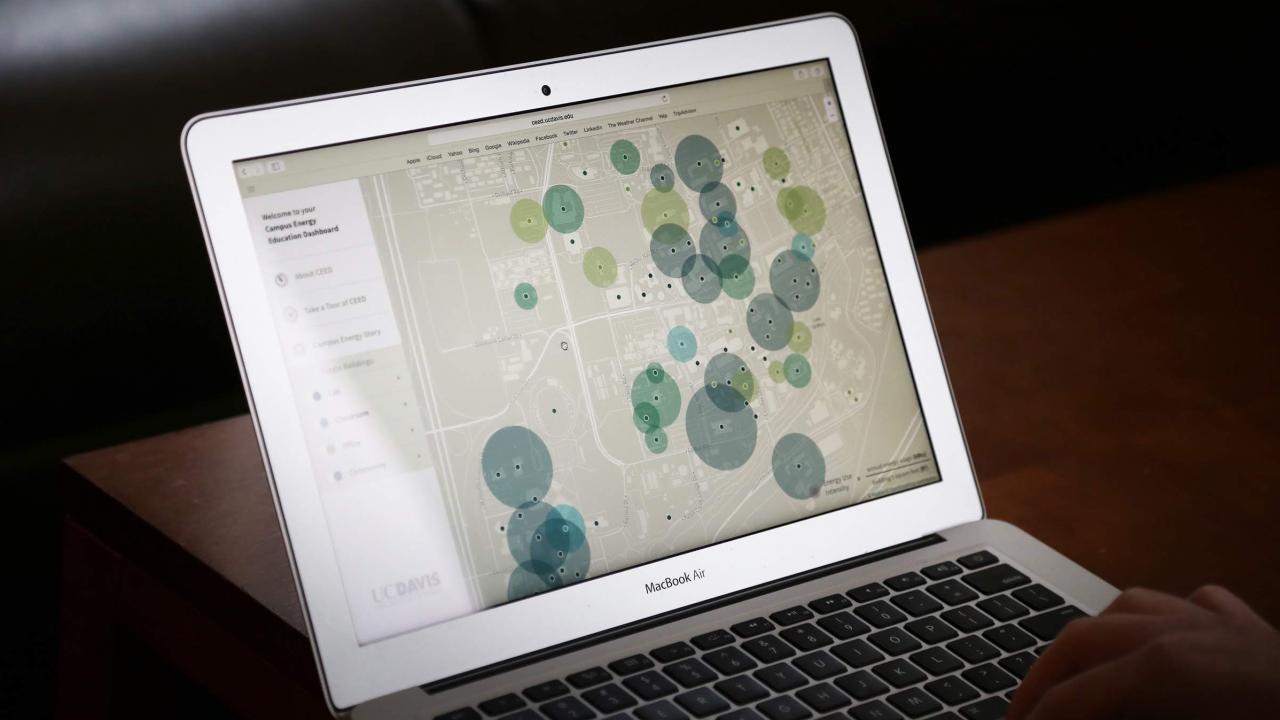 The Campus Energy Education Dashboard, managed by Facilities Energy & Engineering, features an interactive map that gives a real-time look at how buildings across campus use energy. Photo laptop screen of Campus Energy Education Dashboard
