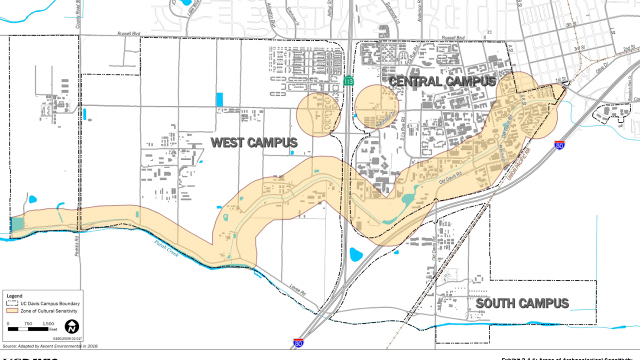 Map showing archaeologically sensitive areas on the UC Davis campus. Image of map showing areas of archaeological sensitivity on the UC Davis campus.