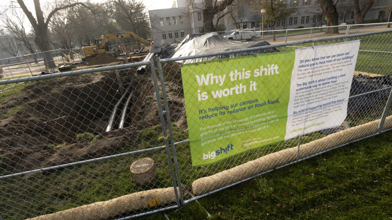 Big Shift construction signage on fencing on the Quad near Shields Library and Olson Hall