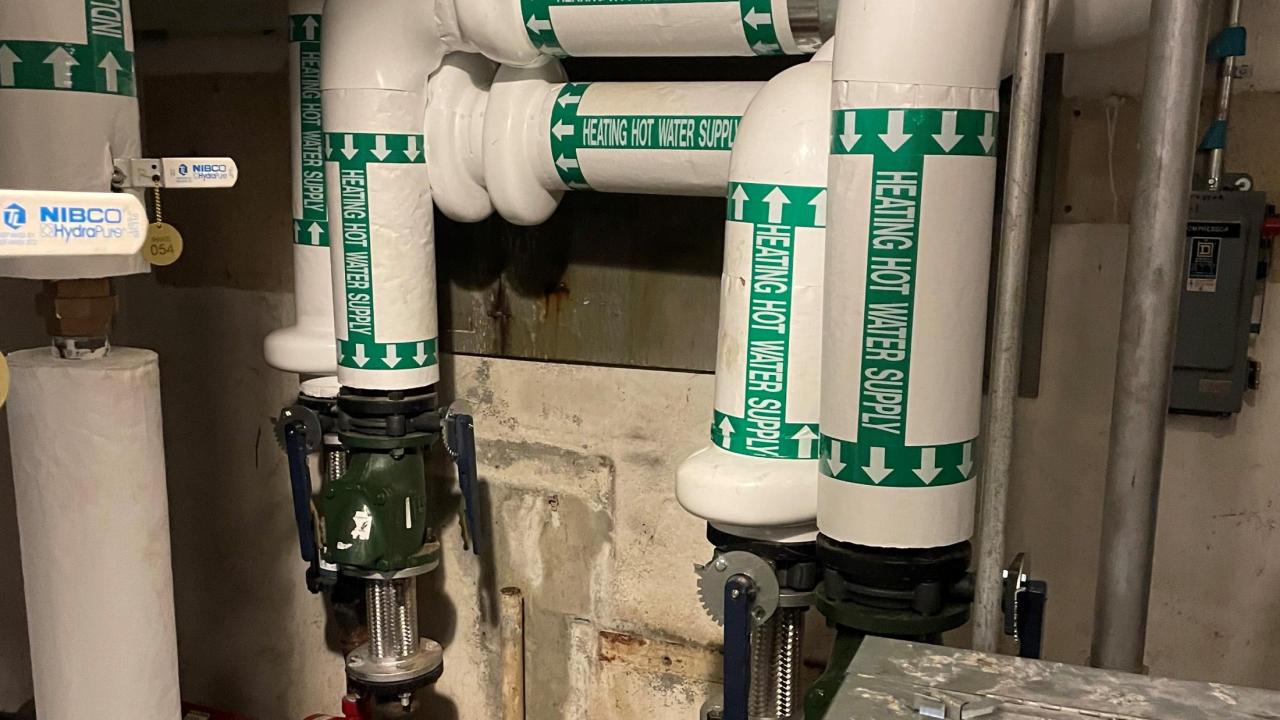 Hot water pipes installed in the Veihmeyer Hall mechanical room